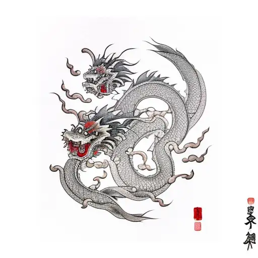 Japanese dragon on left arm with cherry blossoms and clouds  tattoo design idea