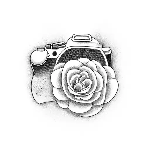 A video camera lens morphing into a blooming flower tattoo design idea