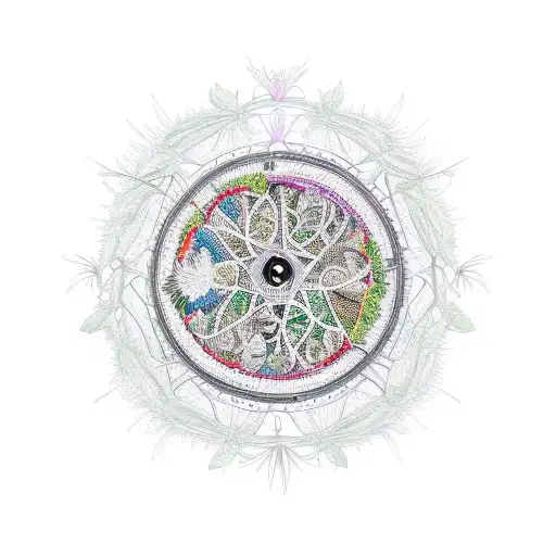 Bicycle wheel surrounded by intricate botanical patterns tattoo design idea