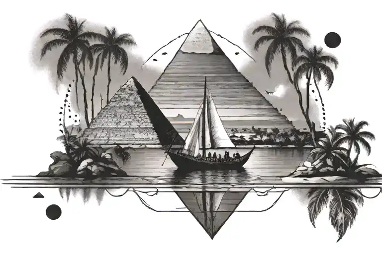 Egyptian pyramid boat in the background of the Nile river tattoo design idea