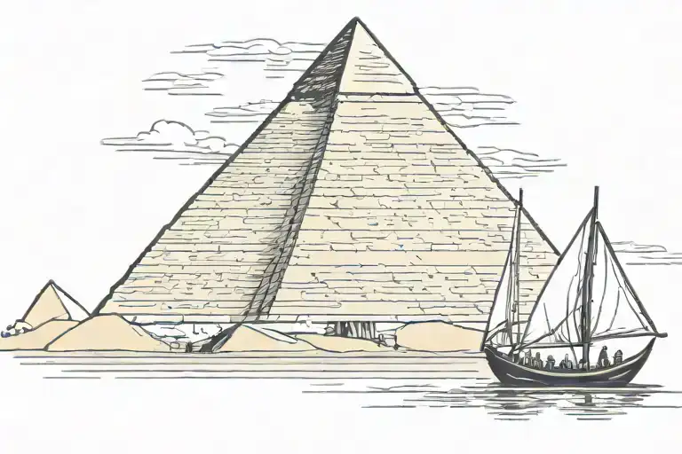 Egyptian pyramid boat in the background of the Nile river tattoo design idea