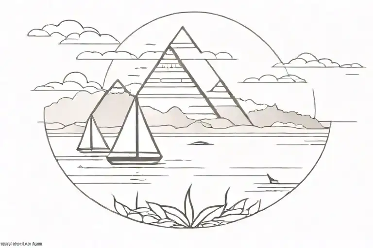 Egyptian pyramid boat in the background of the Nile river tattoo design idea