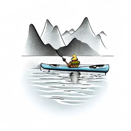 dog in kayak on river with mountains in the background tattoo design idea