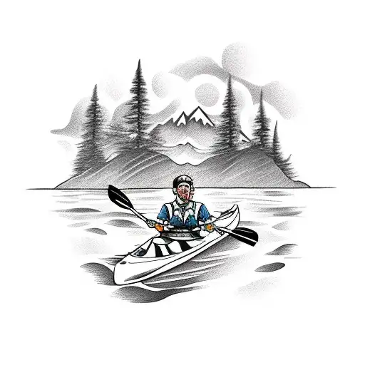 setter dog riding in kayak on river with mountains in the background tattoo design idea