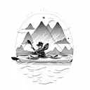 setter dog riding in kayak on river with mountains in the background tattoo design idea