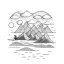 setter dog riding in kayak on river with mountains in the background tattoo design idea