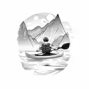 setter dog riding in kayak on river with mountains in the background tattoo design idea