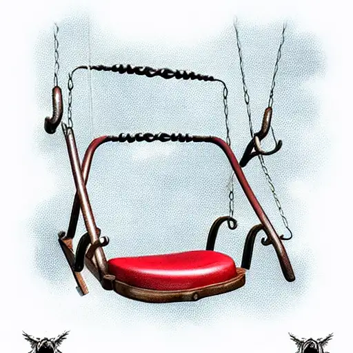 red double iron swing on blue iron supports, with slightly worn wooden seat tattoo design idea