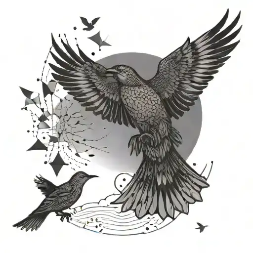 Birds flying towards the setting sun with intricate geometric patterns tattoo design idea