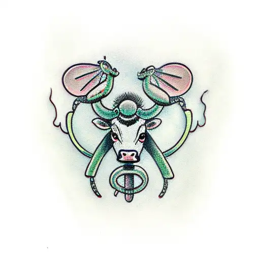 Cow and preying mantis tattoo design idea
