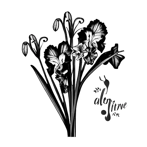 carnation, violet, Daffodil, lilly of the valley, Sweet Pea, Gladiolus, narcissus bouquet  tattoo design idea