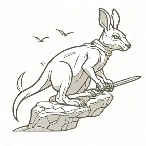 a meancing baby kangaroo pulling king arthurs excalibur sword out of a stone tattoo design idea