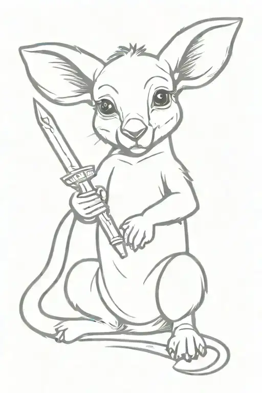 baby kangaroo holding an excalibur not coloured in tattoo design idea