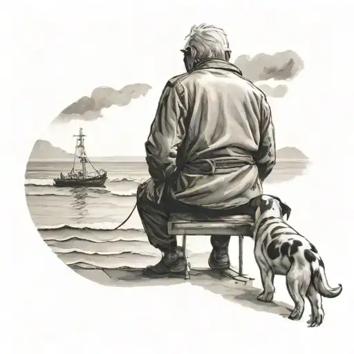 old  man from behind with dog looking at the sea    tattoo design idea