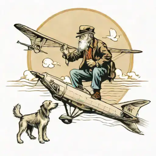 old man with dog looking at a far plane fly over the sea   tattoo design idea