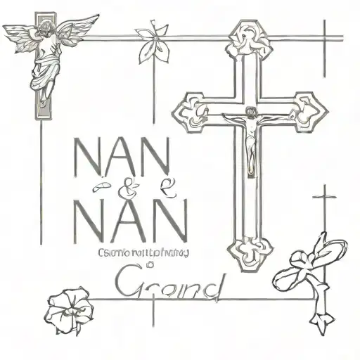 Nan and Grandad new roman font over crucifix with wings tattoo design idea