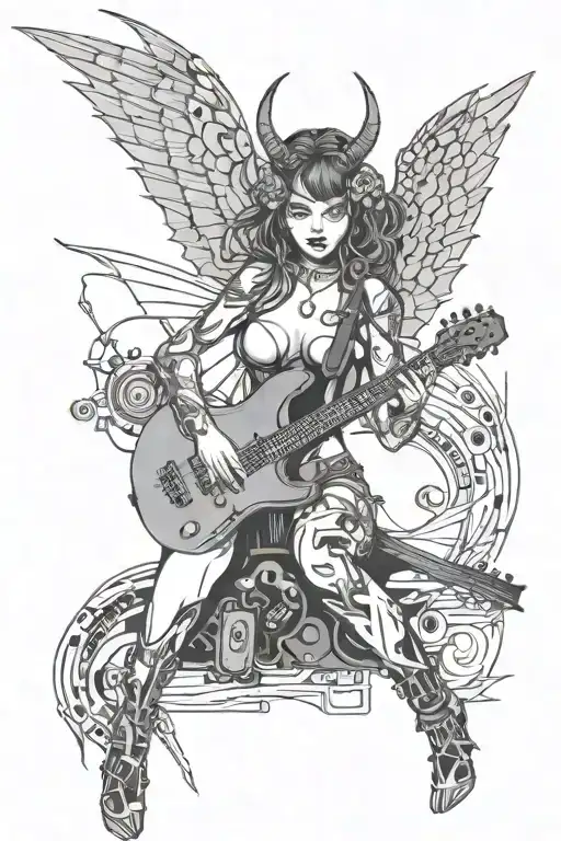 A tattoo of a sexy demon girl playing a guitar, with wings made of circuit boards and bio-mechanical elements tattoo design idea