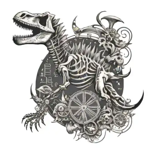 An intricate tattoo of a dinosaur skeleton intertwined with musical notes and symbols, creating a unique and artistic design tattoo design idea