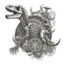 An intricate tattoo of a dinosaur skeleton intertwined with musical notes and symbols, creating a unique and artistic design tattoo design idea