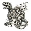 An intricate tattoo of a dinosaur skeleton intertwined with musical notes and symbols, creating a unique and artistic design tattoo design idea
