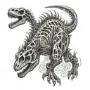 An intricate tattoo of a dinosaur skeleton intertwined with musical notes and symbols, creating a unique and artistic design tattoo design idea