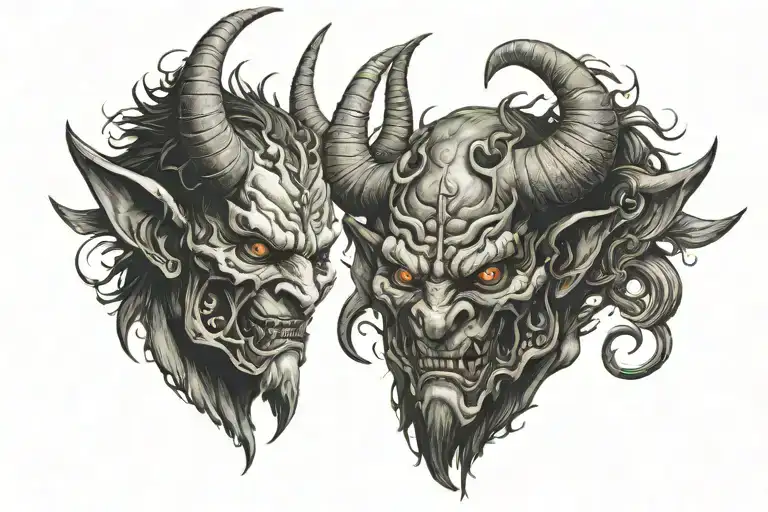 half head oni mask and secound half head minotaur tattoo design idea