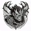 a tattoo on the arm where there are lightning bolts on the shoulder, a Japanese oni mask under them and spider webs on t tattoo design idea