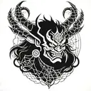a tattoo on the arm where there are lightning bolts on the shoulder, a Japanese oni mask under them and spider webs on t tattoo design idea