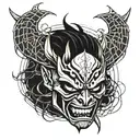 a tattoo on the arm where there are lightning bolts on the shoulder, a Japanese oni mask under them and spider webs on t tattoo design idea