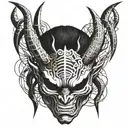 a tattoo on the arm where there are lightning bolts on the shoulder, a Japanese oni mask under them and spider webs on t tattoo design idea