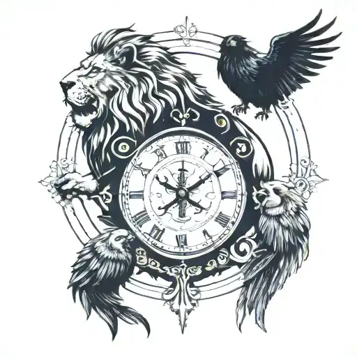 lion and clock and crow  tattoo design idea