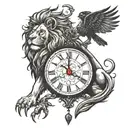 lion and clock and crow  tattoo design idea