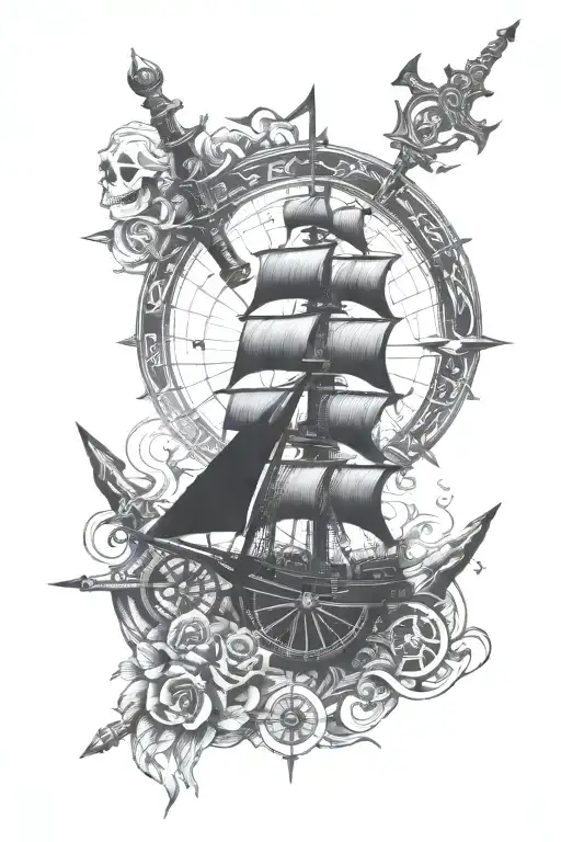 ship, anchor, compass, wheel, sword, skull  tattoo design idea