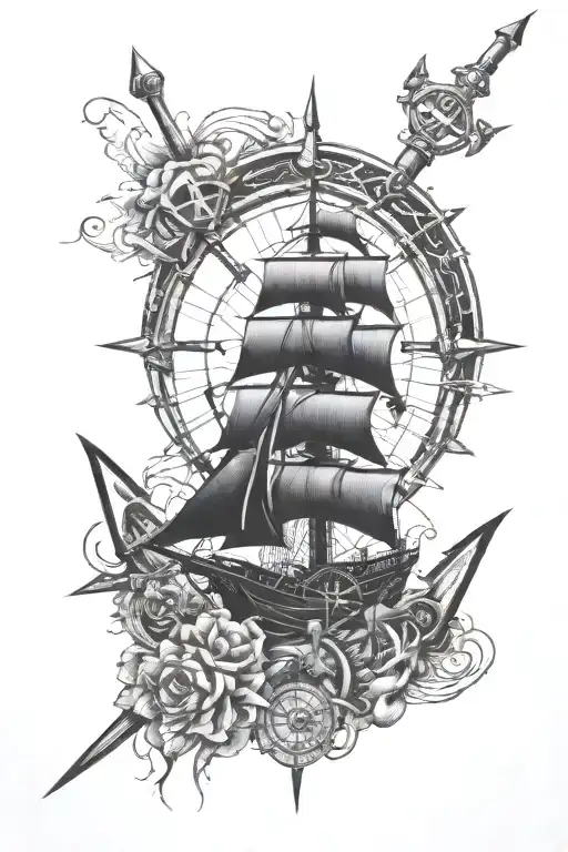 ship wheel, anchor, compass, pirate ship, sword piercing tattoo design idea