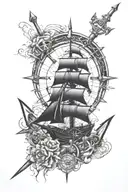 ship wheel, anchor, compass, pirate ship, sword piercing tattoo design idea