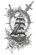 ship wheel, anchor, compass, pirate ship, sword piercing tattoo design idea