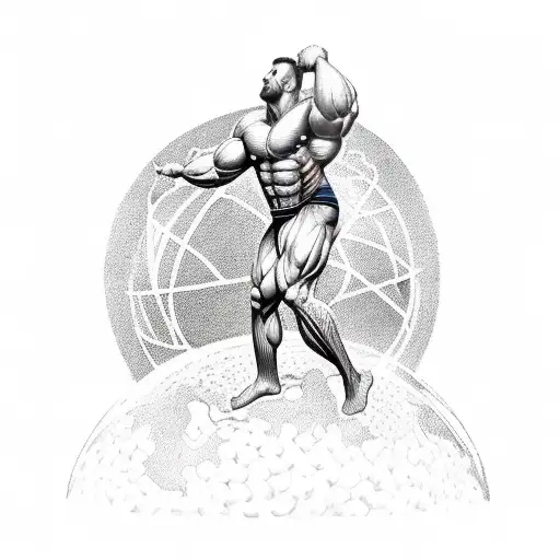 A mmuscular man struggling to hold up the world on top of a leaking hourglass tattoo design idea