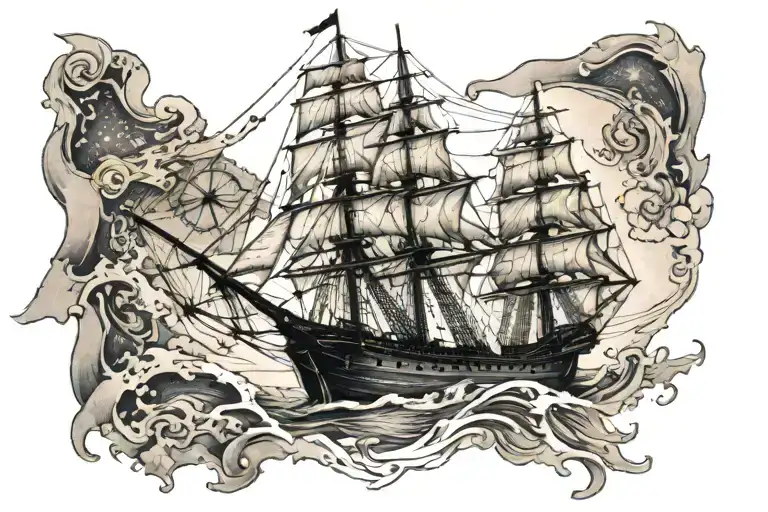 USS Constitution intertwined with a ripped map and compass tattoo design idea
