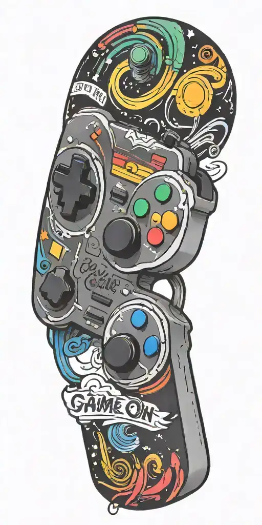 A tattoo design of a rainbow-colored controller with the words 'Game On' written underneath, symbolizing your love for gaming and LGBTQ+ pride tattoo design idea