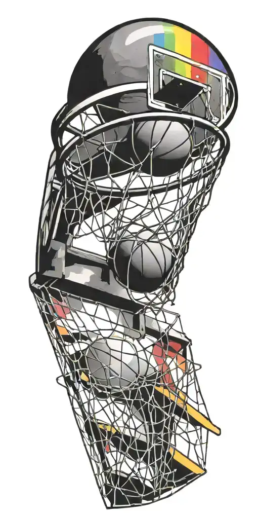 A tattoo design of a basketball hoop with rainbow-colored net, symbolizing your love for basketball and LGBTQ+ community tattoo design idea