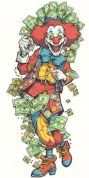 A clown juggling money bags and guns tattoo design idea