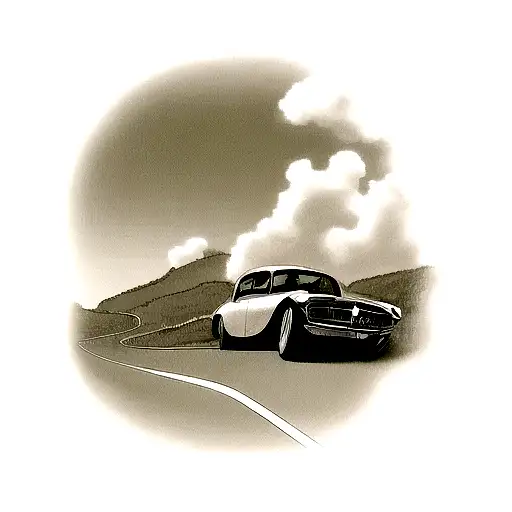 Capture the essence of nostalgia with a vintage car cruising down a winding road, rendered in striking black and white c tattoo design idea