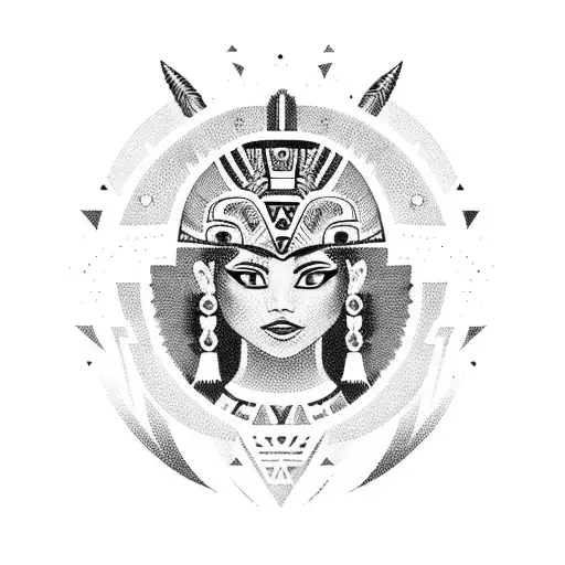 An Aztec girl in a warrior pose, adorned with tribal patterns tattoo design idea