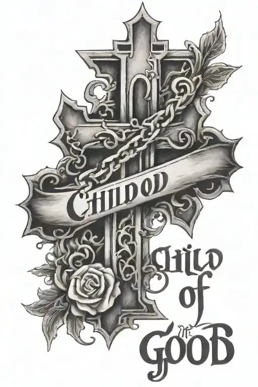sideways Big letters "Child of God" with a cross going though it  tattoo design idea