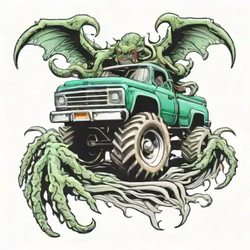 Monstertruck with teeth claws and Cthulhu emerging tattoo design idea