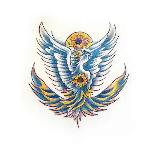 A traditional tattoo of a phoenix rising from a bed of sunflowers tattoo design idea