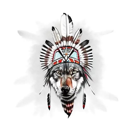 native american indian with wolf headress tattoo design idea