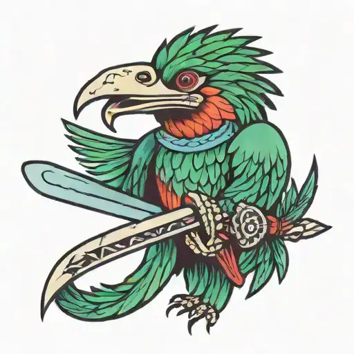 a quetzal bird holding a machete fighting tattoo design idea