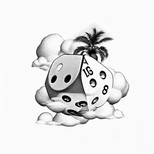 A palm tree, football, chest card, money and dice surrounded by cloud tattoo design idea