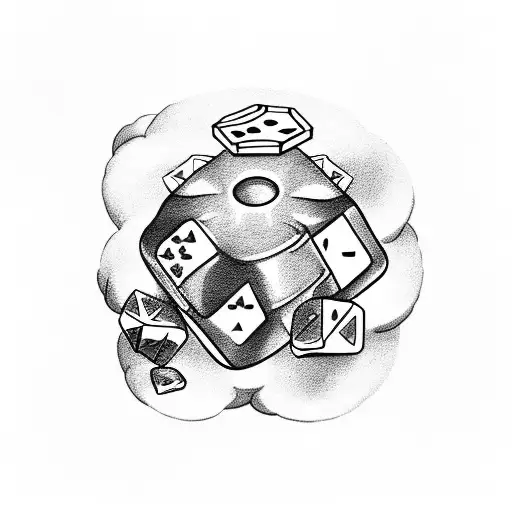  chest card, money and dice surrounded by cloud tattoo design idea